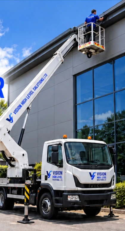 Vision truck-mounted cherry picker accessing a commercial building